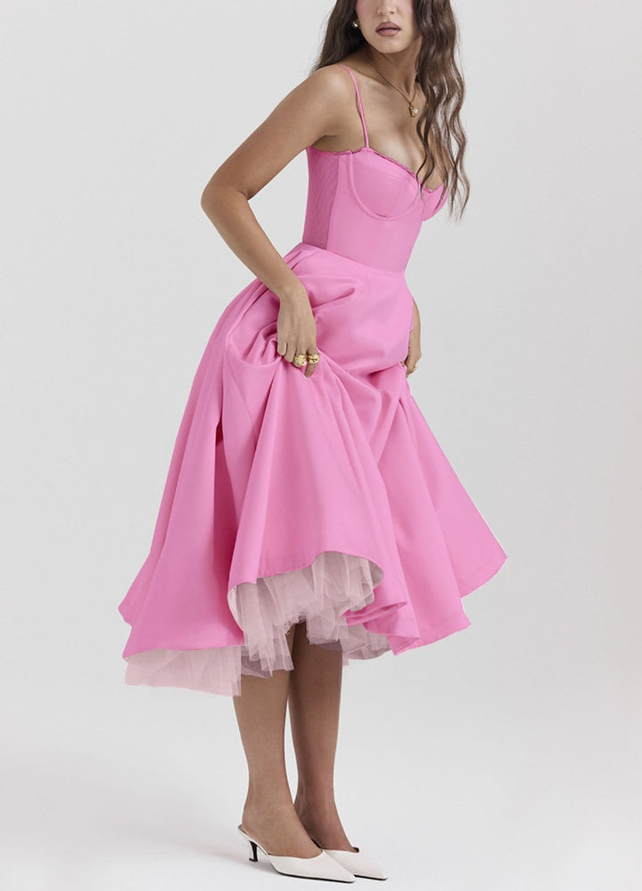 Women's tailored retro-inspired midi dress with corset underbust seams, flared skirt, and side pockets StylebySassy