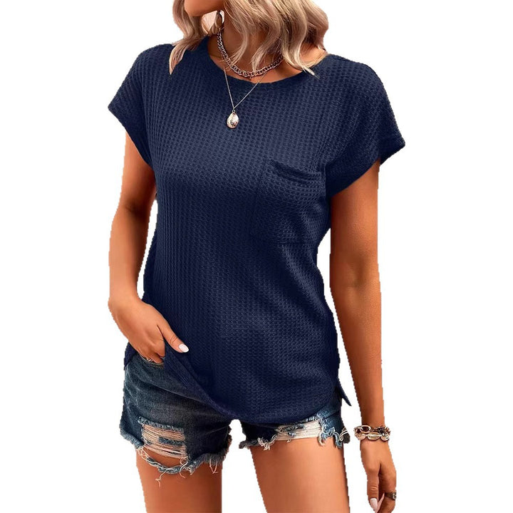 Women's nan legeres short-sleeve waffle shirt with round neckline, chest pocket, and side slit StylebySassy