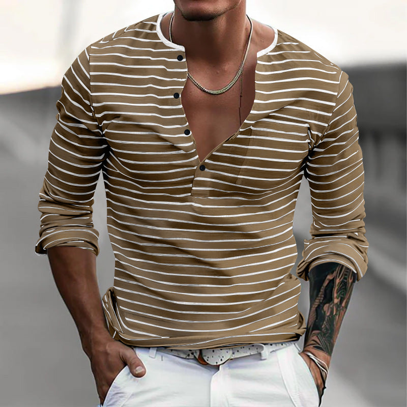 Men's striped long-sleeve shirt with short button placket, round neckline, and subtle chest pocket StylebySassy