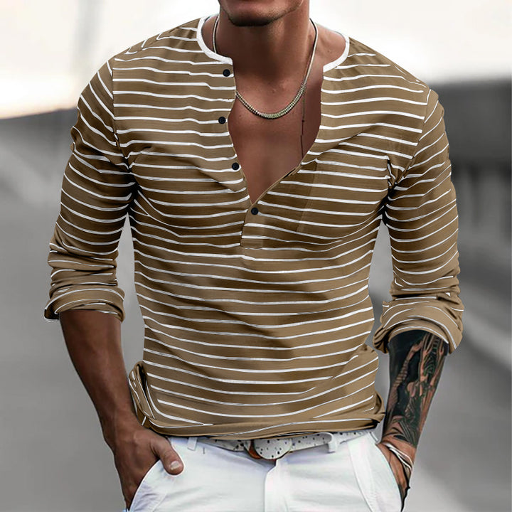 Men's striped long-sleeve shirt with short button placket, round neckline, and subtle chest pocket StylebySassy