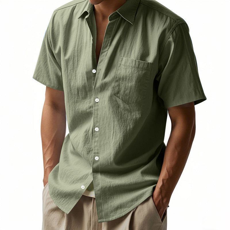 Men's short-sleeved casual shirt made of linen blend with chest pocket and rounded hem StylebySassy