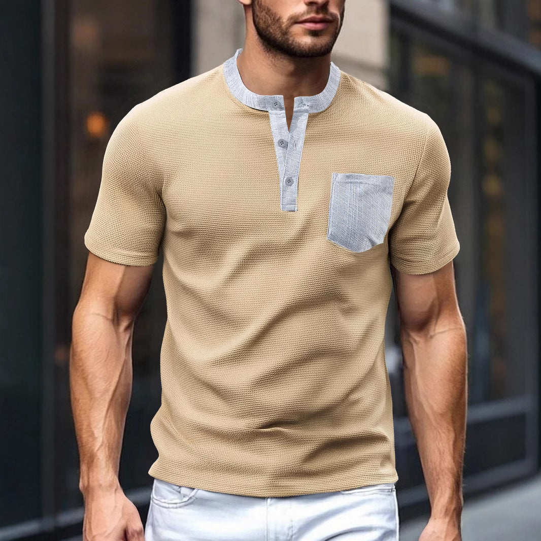 Men's breathable waffle henley shirt with stand-up collar, short button placket, and patch chest pocket StylebySassy