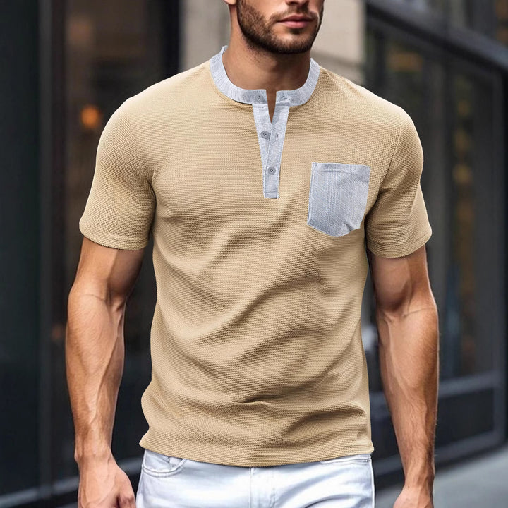 Men's breathable waffle henley shirt with stand-up collar, short button placket, and patch chest pocket StylebySassy