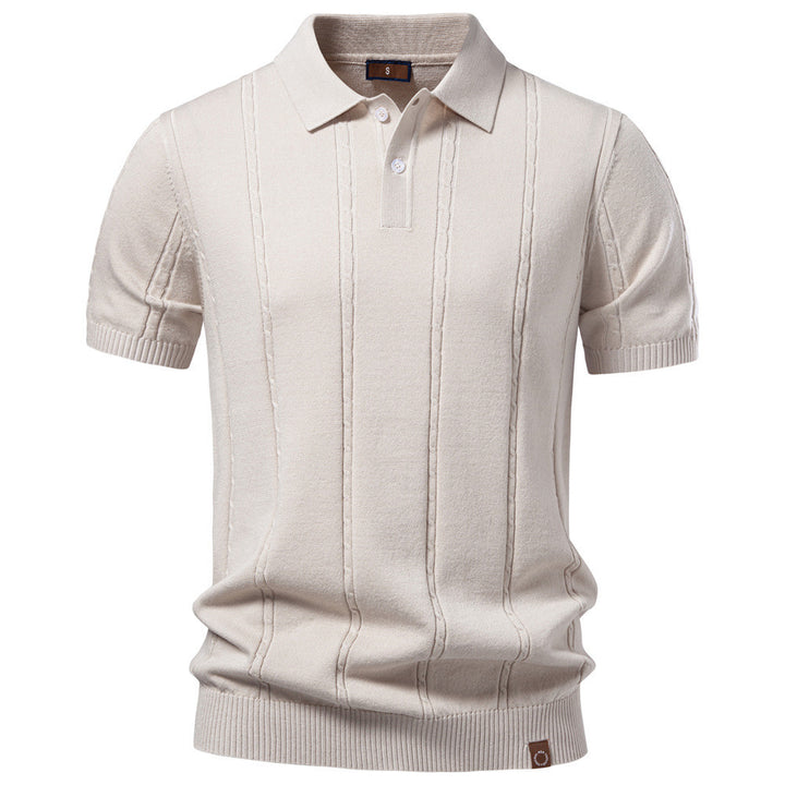 Men's short sleeve knitted polo with textured stripes, ribbed cuffs, and classic polo collar StylebySassy