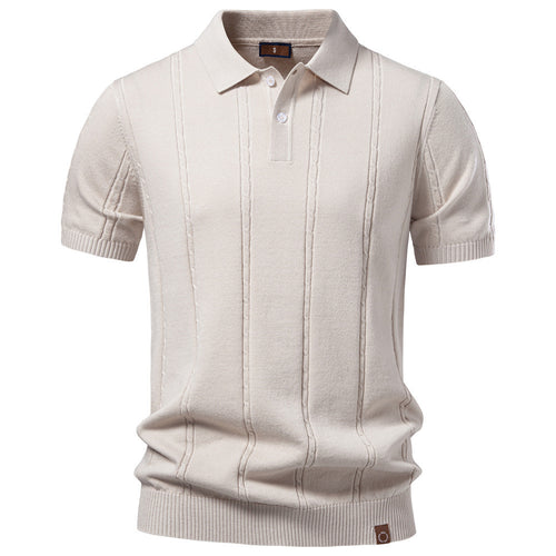 Men's short sleeve knitted polo with textured stripes, ribbed cuffs, and classic polo collar StylebySassy