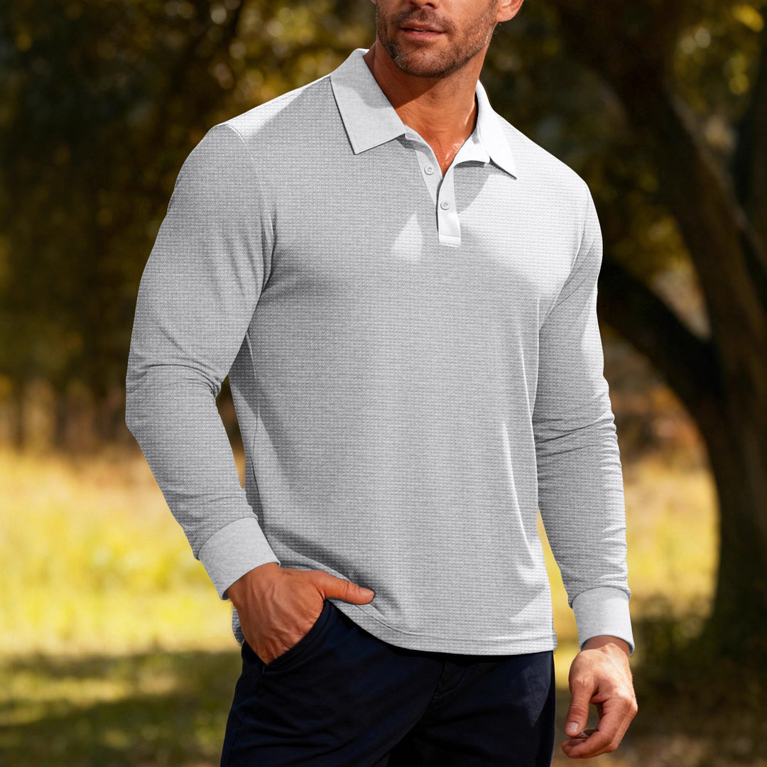 Men's long sleeve polo shirt made of waffle knit with a slim fit, concealed button placket, and shirt collar StylebySassy