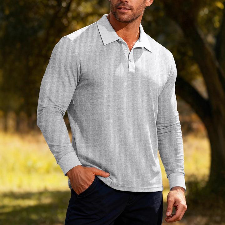 Men's long sleeve polo shirt made of waffle knit with a slim fit, concealed button placket, and shirt collar StylebySassy