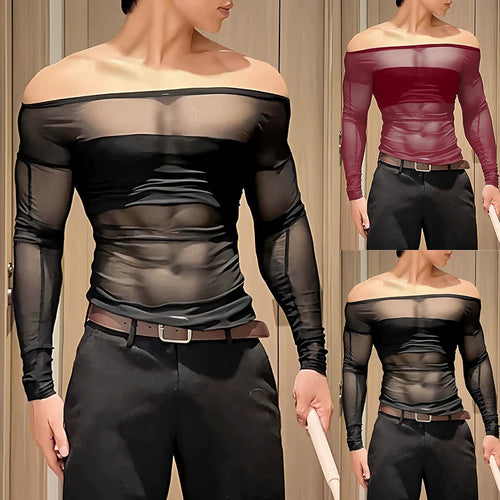 Ladies' sheer mesh long sleeve top with opaque chest band and wide round neckline StylebySassy