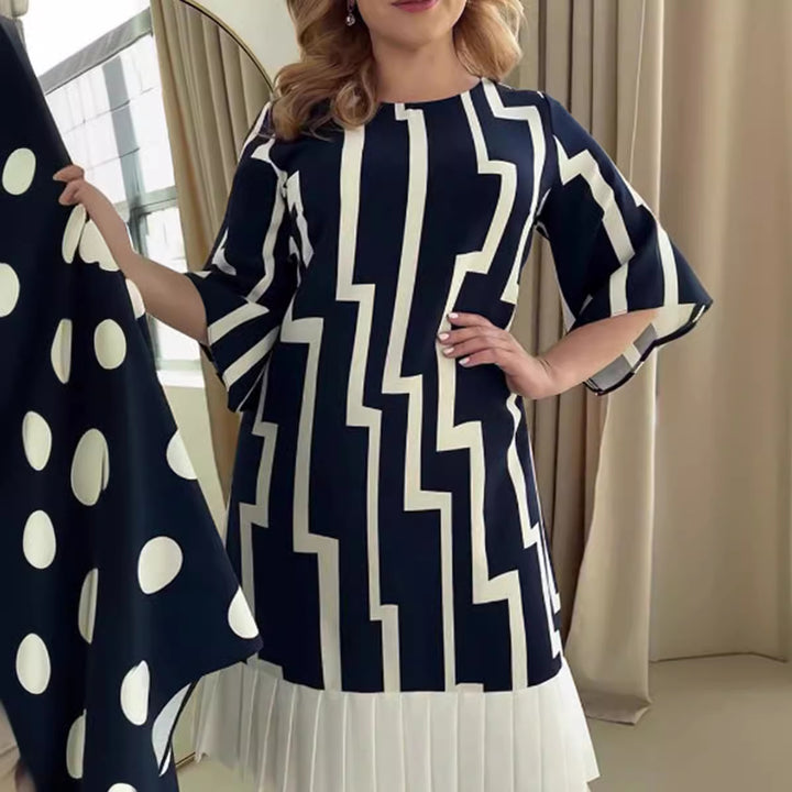 Women nan graphic A-line dress with pleated hem and three-quarter sleeves StylebySassy