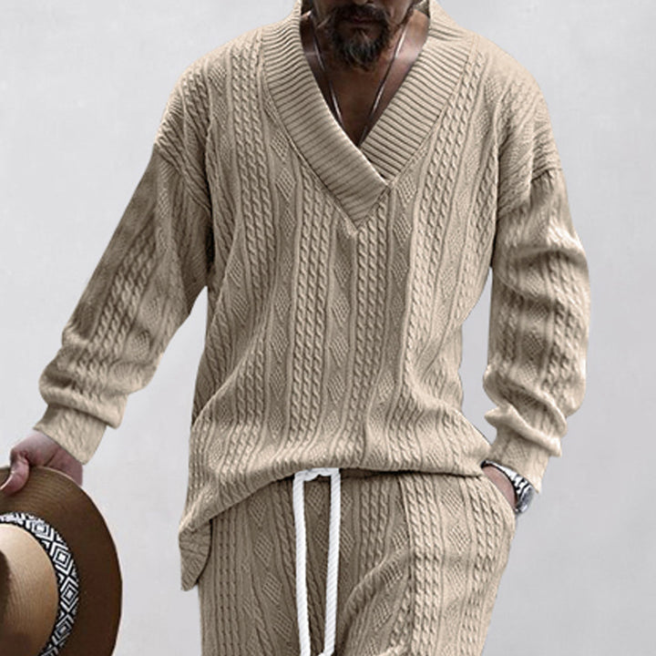 Men's relaxed knit ensemble with deep V-neck and elastic drawstring waistband StylebySassy
