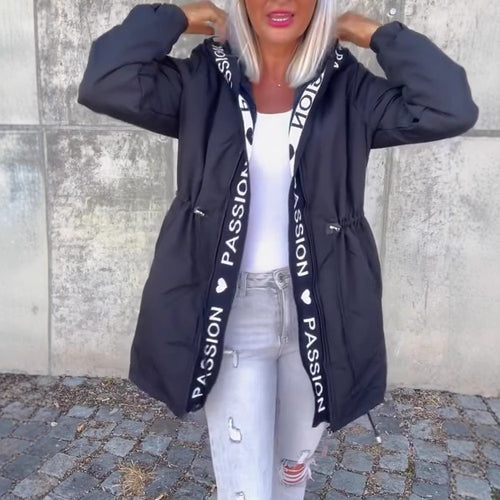 Women's Hooded Parka with Drawstring Waist and Logo Band Zipper StylebySassy