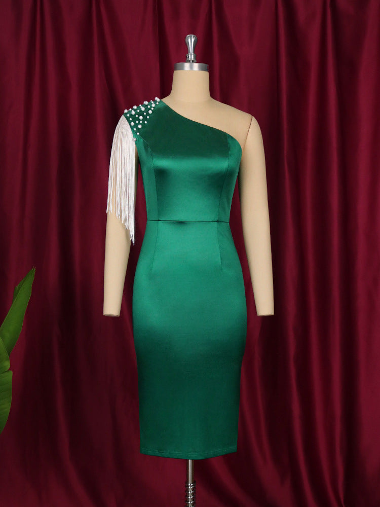 Ladies Elegant Asymmetrical Cocktail Dress with Pearl and Fringe Details StylebySassy