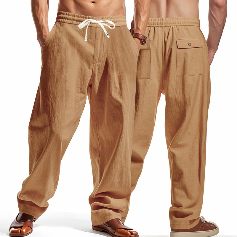 Men's wide comfort trousers in linen blend with elastic drawstring, straight leg, and patch back pockets StylebySassy