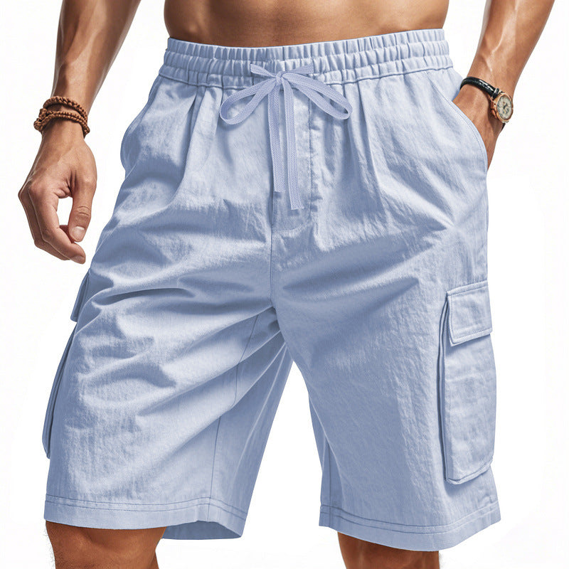 Men's knee-length utility shorts made of lightweight cotton blend with elastic drawstring waistband and patch flap pockets StylebySassy