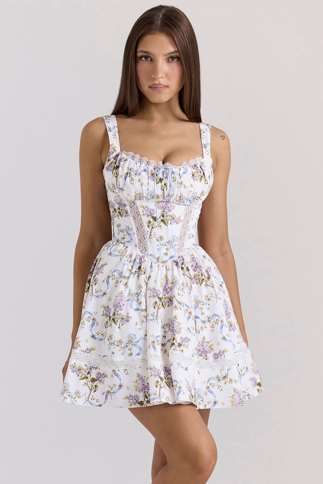 Ladies' nan corset mini dress with lace insert, gathered neckline, and tailored bodice construction StylebySassy