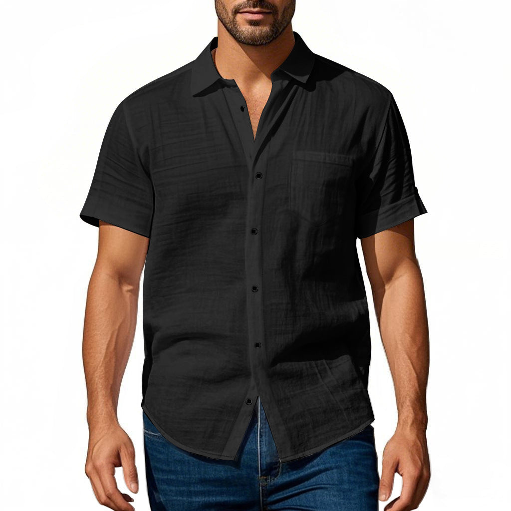 Men's short-sleeved casual shirt made of linen blend with chest pocket and rounded hem StylebySassy