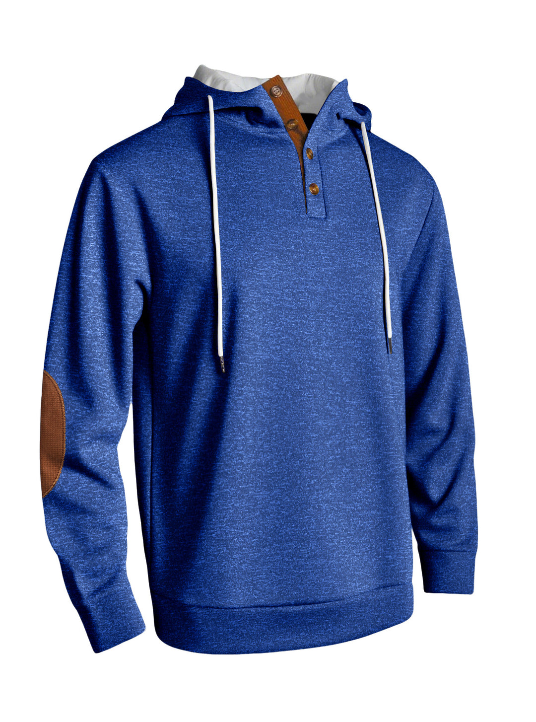 Men's hooded sweatshirt in a puristic leisure style with Henley button placket, contrasted hood interior, and elbow patches StylebySassy