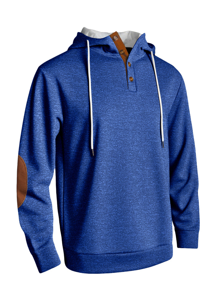 Men's hooded sweatshirt in a puristic leisure style with Henley button placket, contrasted hood interior, and elbow patches StylebySassy