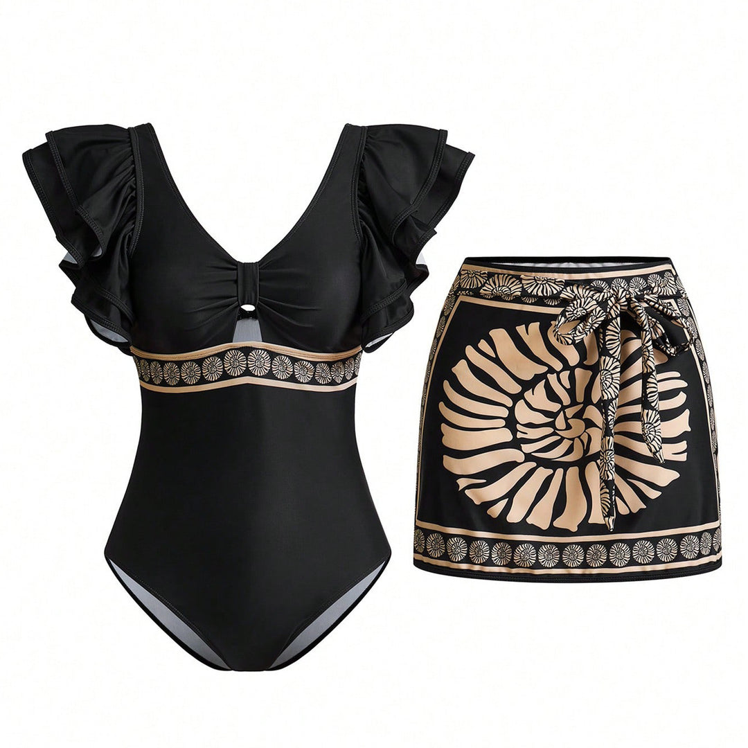 Women's swimsuit with elegant ruffle details and matching skirt StylebySassy