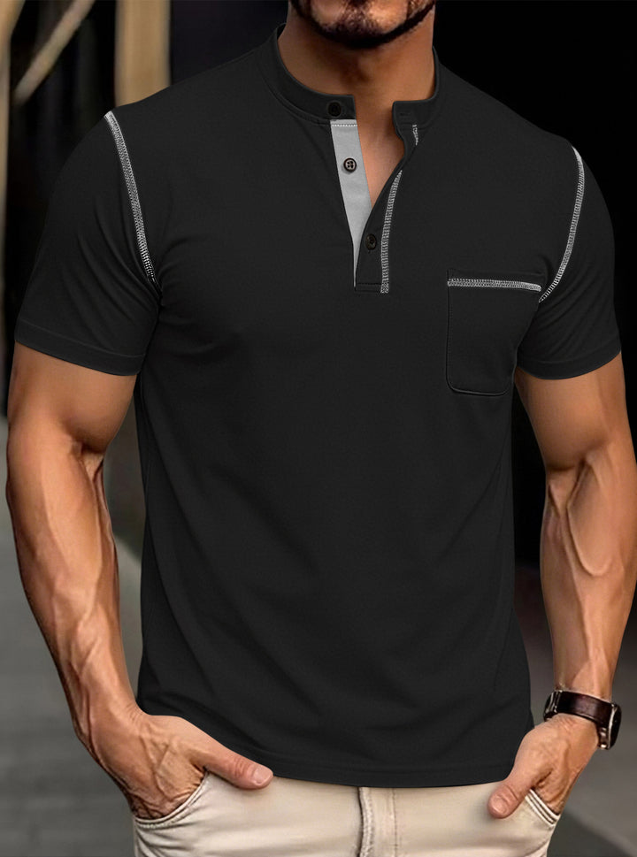 Men's modern short-sleeve Henley with stand collar, contrast stitching, and patch chest pocket StylebySassy