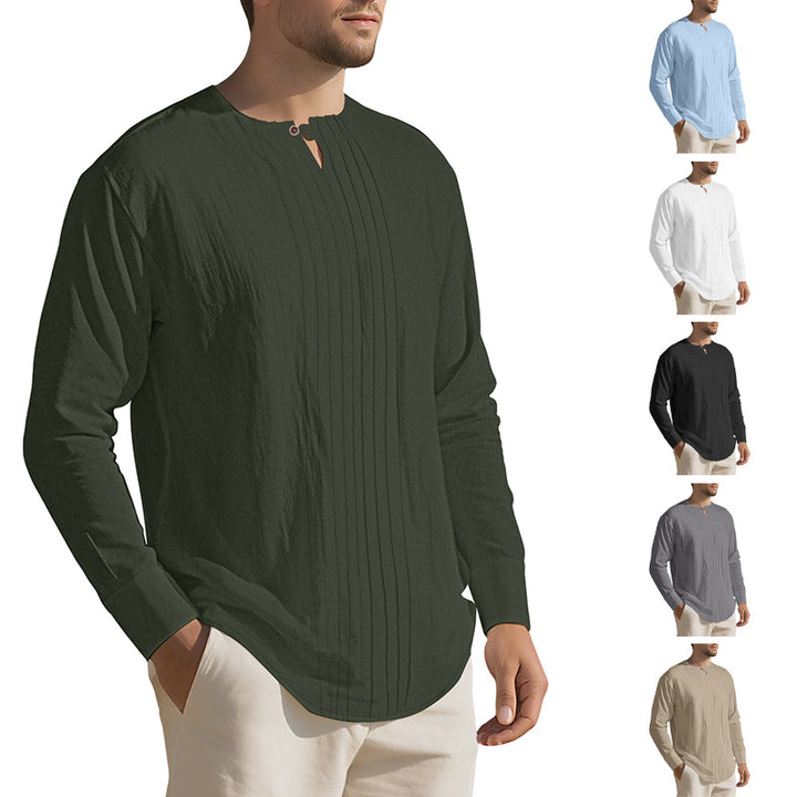 Men's Naan light structured tunic shirt with stand-up collar, pleats and loop button StylebySassy