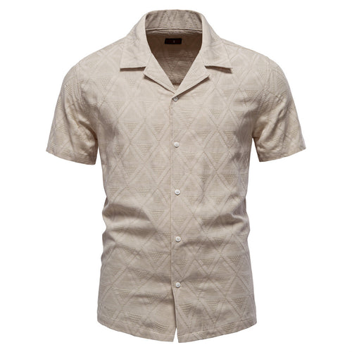 Men's short-sleeved shirt with open lapel collar and geometric jacquard structure StylebySassy