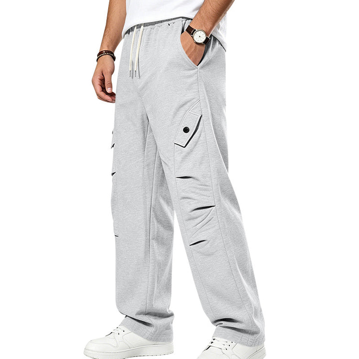 Men's relaxed cargo sweatpants with elastic drawstring waistband, flap pockets, and knee patches StylebySassy