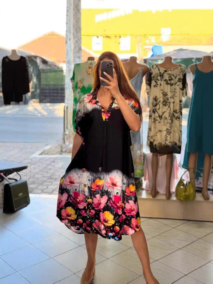 Women's lightweight shirt dress with floral border print, open V-neck and side pockets StylebySassy