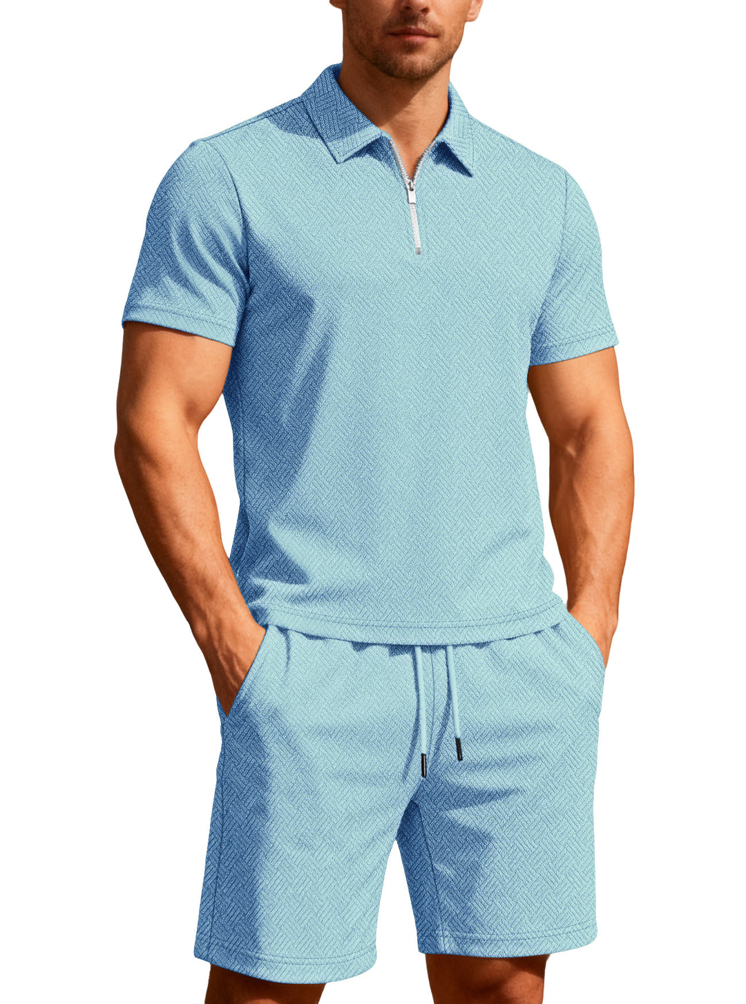 Men's comfortable lounge two-piece set made of structured cotton blend with half-zip polo shirt and drawstring shorts StylebySassy