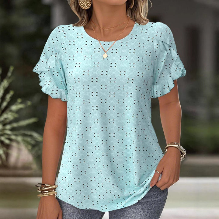 Women's Broderie Anglaise Blouse with Double Ruffle Sleeves and Casual Hip Length StylebySassy