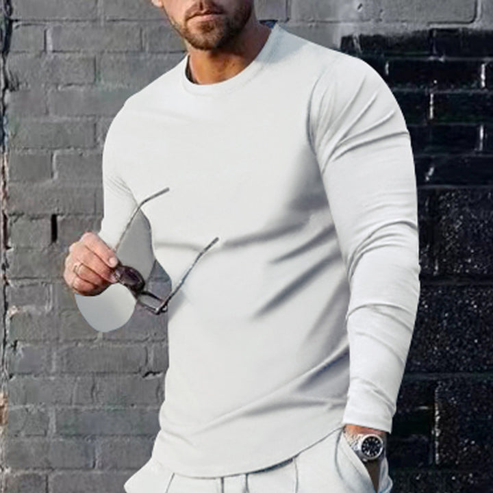Men's narrow cut long sleeve shirt with round neckline elastic cotton stretch and extended hem StylebySassy