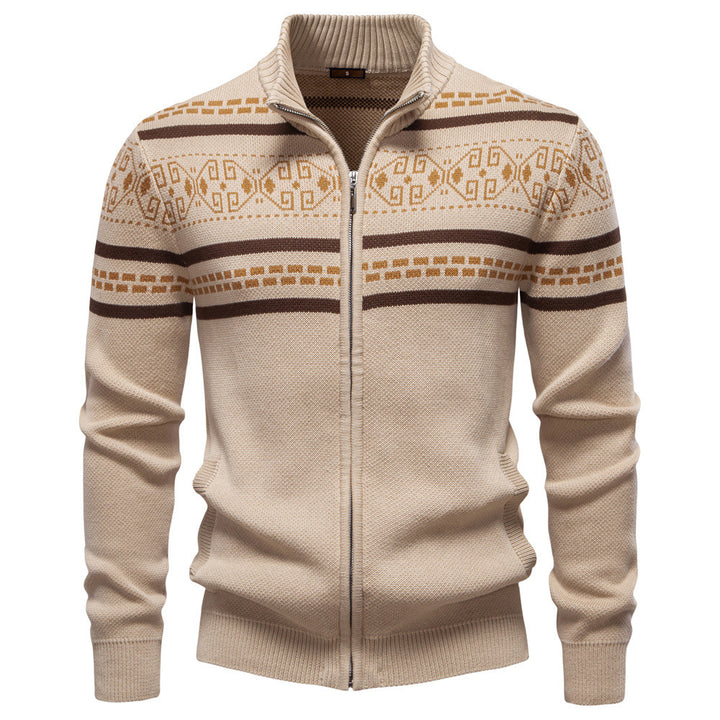 Men's knitted jacket with full zipper, stand-up collar and Nordic geometric intarsia pattern StylebySassy