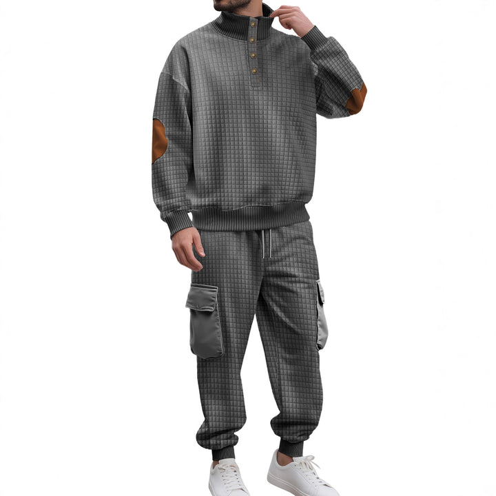 Men's check relief sweat set with stand collar button placket, velour elbow patches and cargo jogger StylebySassy