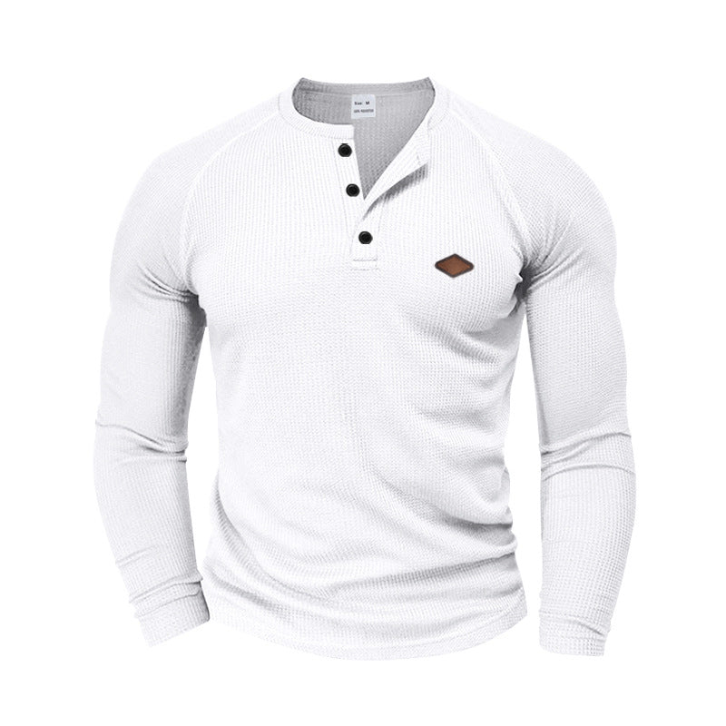 Men's structured waffle Henley shirt with short button placket, raglan sleeves, and leather patch StylebySassy