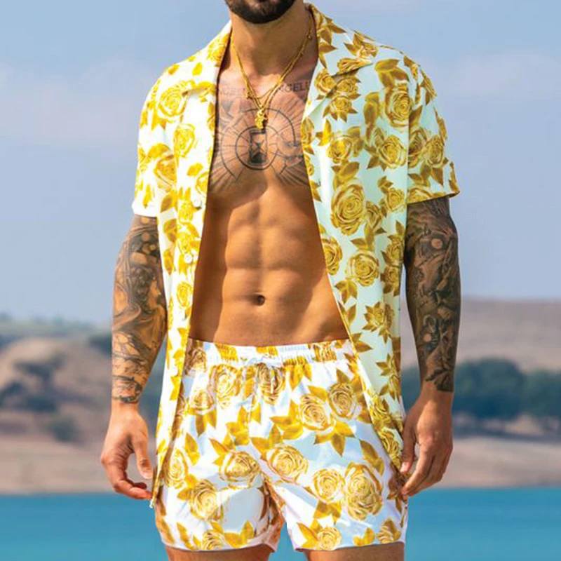 Men's airy viscose blend short-sleeve shirt with open button placket and matching casual shorts with drawstring StylebySassy