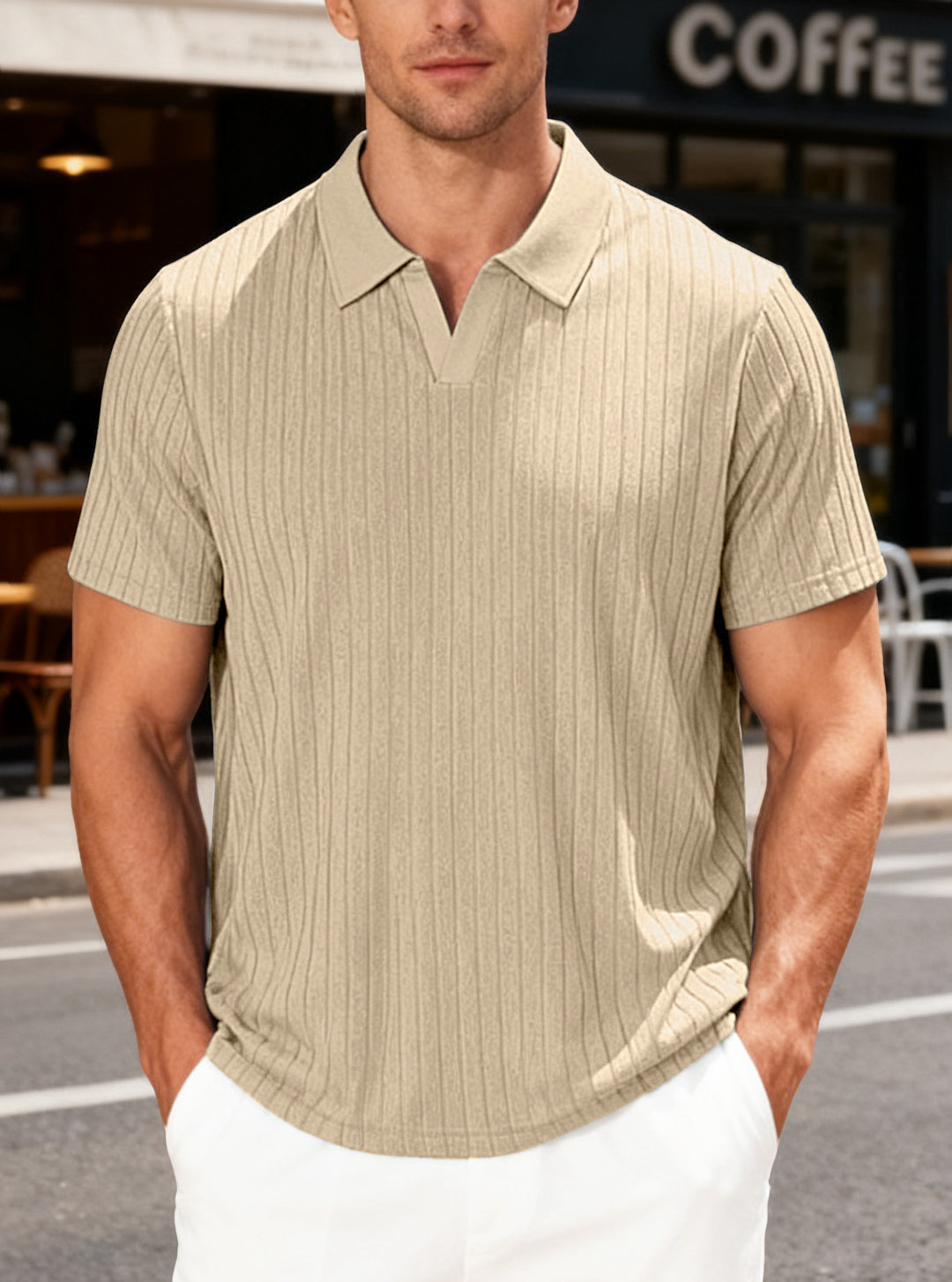 Men's structured short-sleeve polo with V-insert and shirt collar StylebySassy