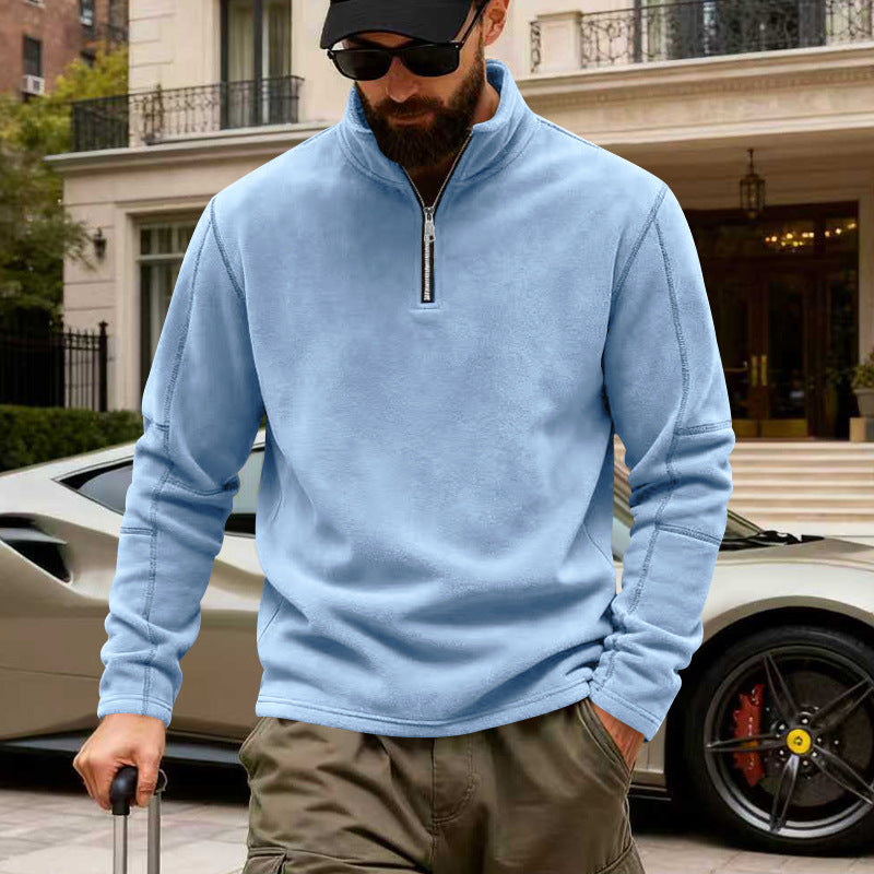 Men's lightweight fleece pullover with half zipper and stand-up collar StylebySassy