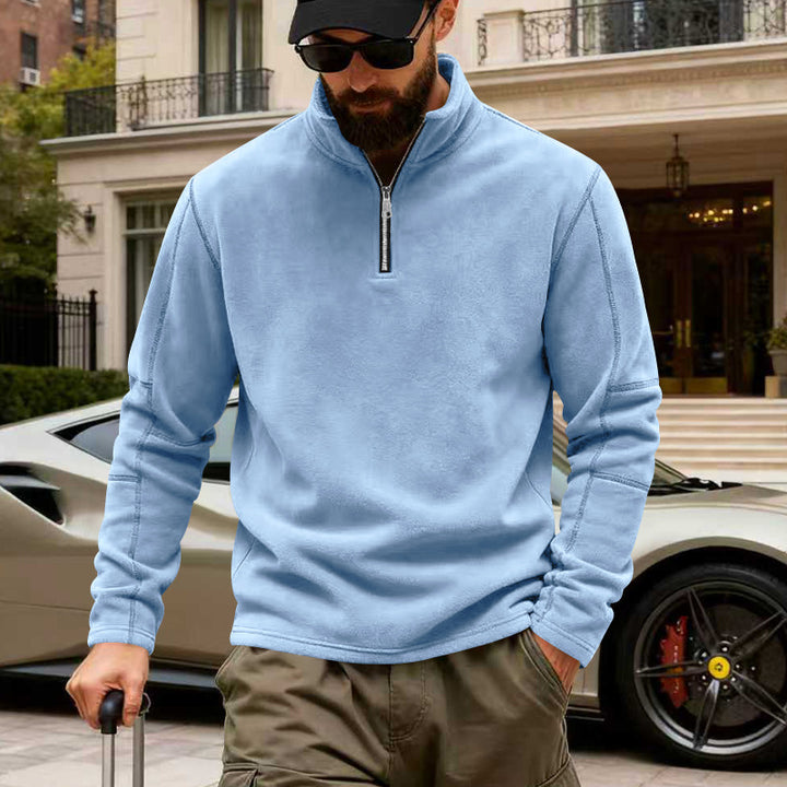 Men's lightweight fleece pullover with half zipper and stand-up collar StylebySassy