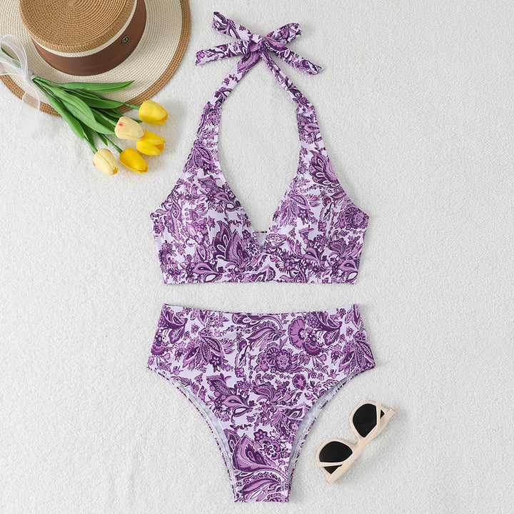 Women's High-Waisted Bikini Set with Floral Design and Playful Halter Top StylebySassy
