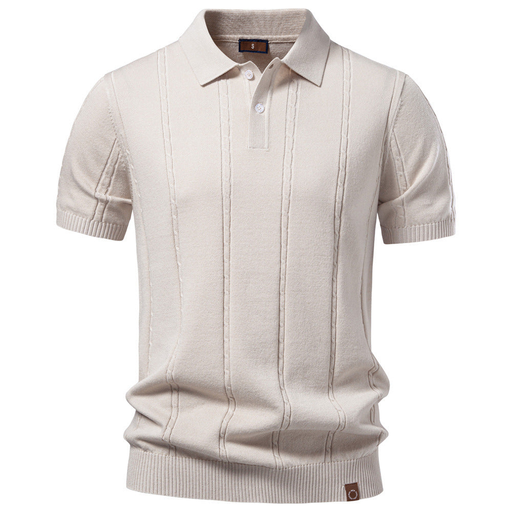 Men's short sleeve knitted polo with textured stripes, ribbed cuffs, and classic polo collar StylebySassy