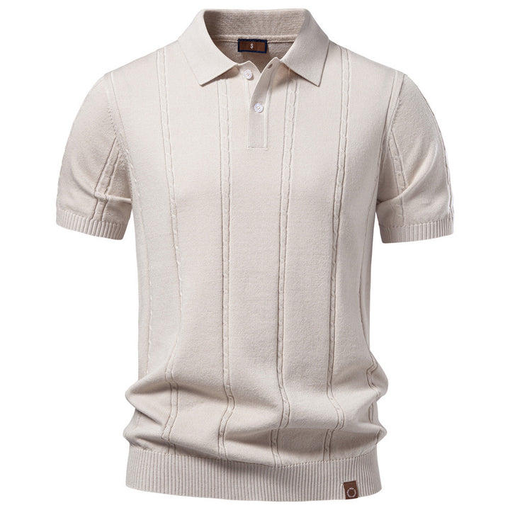Men's short sleeve knitted polo with textured stripes, ribbed cuffs, and classic polo collar StylebySassy