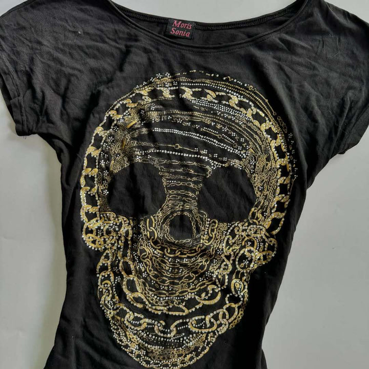 Women’s T-shirt with stylish skeleton design and glitter accents StylebySassy