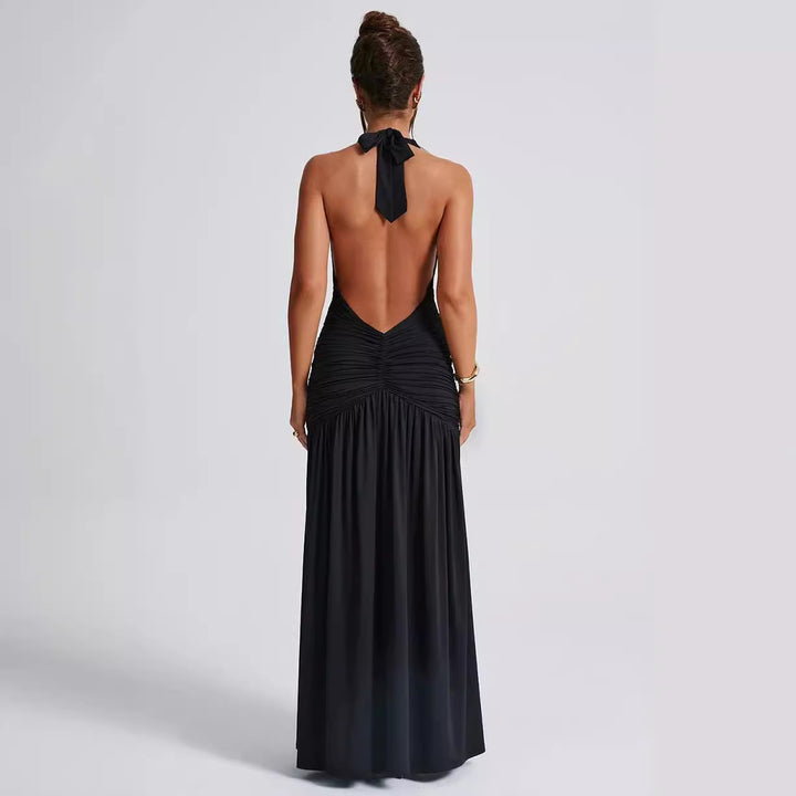 Ladies maxi dress with deep V-neck and ruffles