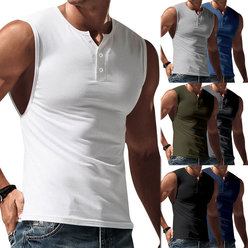 Men's sleeveless muscle shirt with Henley button placket, deep armhole, and elastic cotton blend StylebySassy
