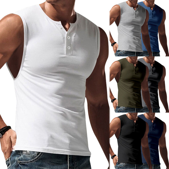 Men's sleeveless muscle shirt with Henley button placket, deep armhole, and elastic cotton blend StylebySassy