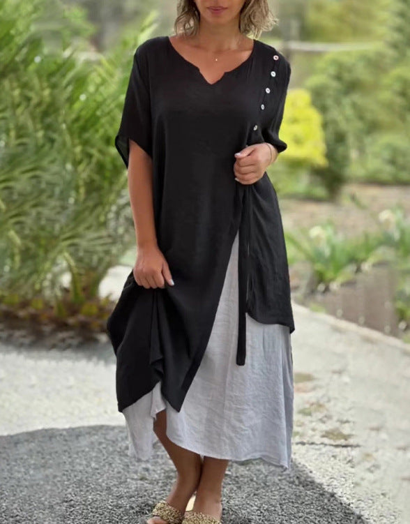 Women’s two-layer layered dress with asymmetric hem and decorative button placket StylebySassy