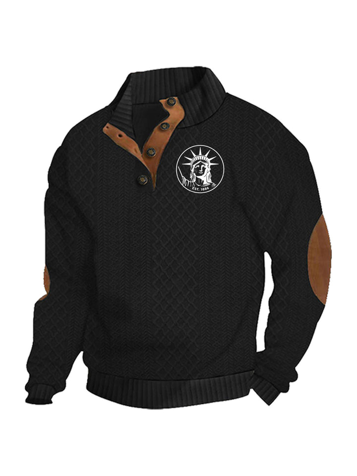 Men's nan Heritage textured pullover with stand-up collar faux leather trim elbow patches and half-button placket StylebySassy
