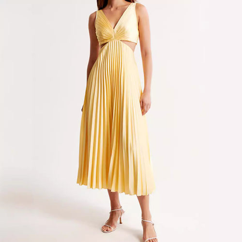 Women's pleated midi dress with twisted bustier section and side cut-outs StylebySassy