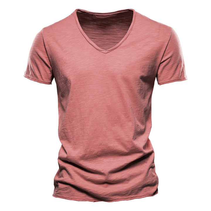 Men's light cotton jersey short-sleeve shirt with V-neck and slim fit StylebySassy