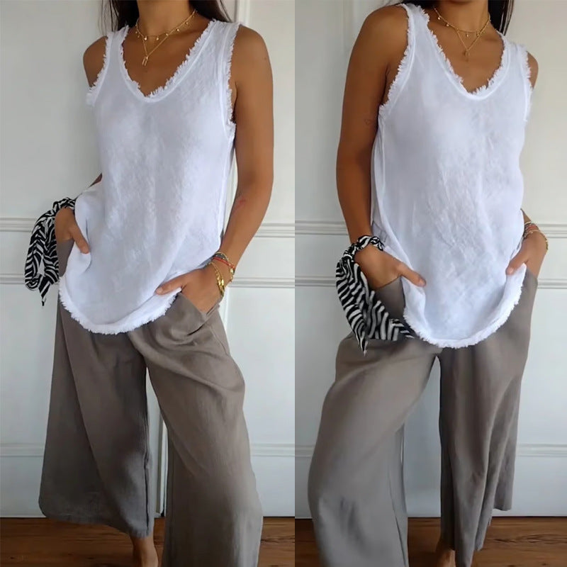 Women's casual linen look tank top with frayed hem U-neck and loose hip length StylebySassy